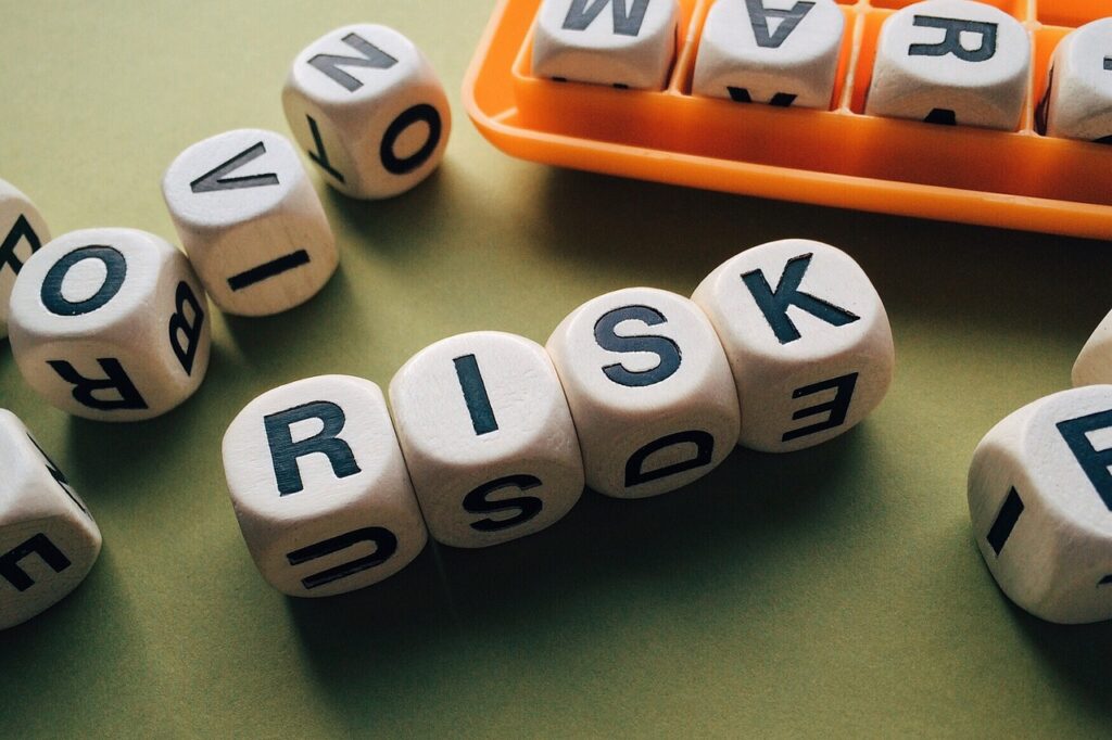 word "risk" spelled with dice